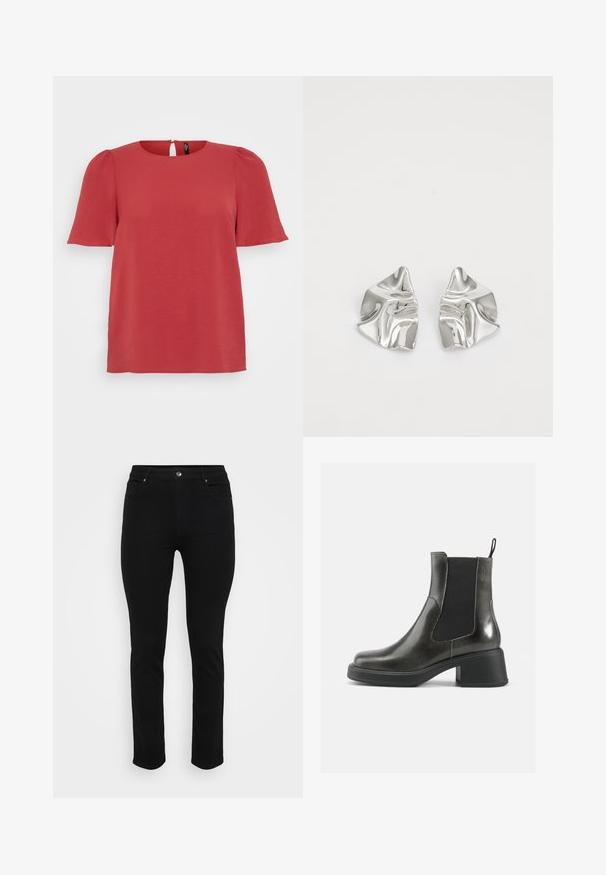Haut rouge à manches courtes avec un col rond et un dos à détail de trou de serrure. Il présente un tissu texturé et une coupe décontractée, idéale pour une tenue décontractée.; Jean denim noir avec une coupe slim, design à cinq poches, fermeture à bouton à l'avant et légère élasticité pour le confort. Texture plate et lisse avec un minimum de détails.; Bottines noires en cuir avec une finition lisse, des panneaux latéraux élastiques et un talon épais. Dispose d'une languette pour un enfilage plus facile.; Boucles d'oreilles en métal argenté avec un design ondulé et sculptural, présentant une finition polie et des formes irrégulières, mettant en valeur une esthétique contemporaine.