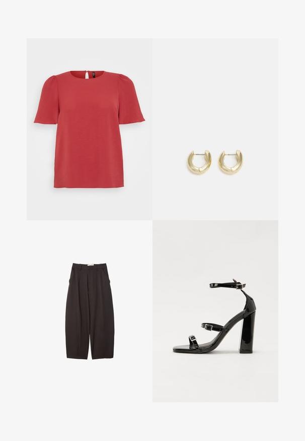 Top corto rosso a maniche corte con collo rotondo e dettaglio a chiave sulla schiena. Presenta un tessuto texture e una vestibilità rilassata, adatta per un look casual.; Pantaloni neri a gamba larga realizzati in un tessuto morbido, con vita alta, pieghe frontali e tasche laterali. Design semplice senza decorazioni.; Sandali con tacco in vernice nera, con punta squadrata, cinturini alla caviglia e fibbie in argento. Presentano un tacco a blocco spesso per maggiore stabilità.; Orecchini a cerchio in tono oro con una finitura liscia e lucida. Presentano una forma a mezza luna e una chiusura a perno sicura.