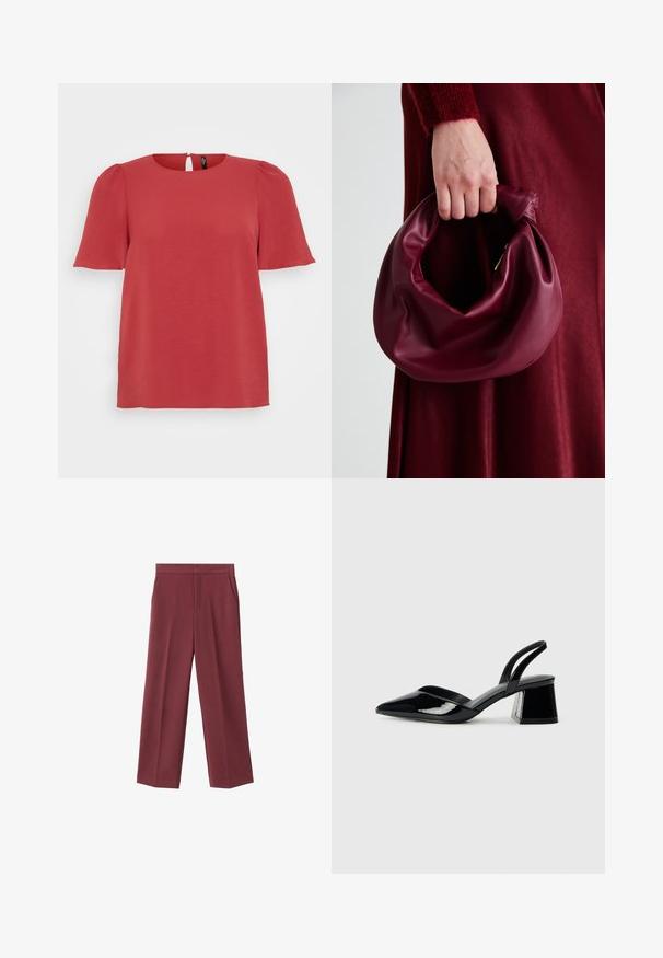 Top corto rosso a maniche corte con collo rotondo e dettaglio a chiave sulla schiena. Presenta un tessuto texture e una vestibilità rilassata, adatta per un look casual.; Pantaloni larghi bordeaux con una texture liscia, caratterizzati da tasche laterali e una vita alta. Rifiniti con una piega frontale pulita.; Décolleté in vernice nera con punta affusolata e tacco in geometria cubica. Presentano un design elegante e minimalista, con una texture liscia.; Borsa in pelle bordeaux con un design morbido e arricciato e una forma arrotondata. Il manico è fissato, mostrando una texture liscia.