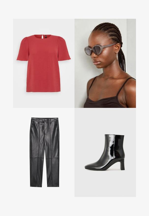 Piros, rövid ujjú felső kerek nyakkal és kulcslyuk hát részlettel. Textúrált anyagból készült, laza szabással, alkalmas mindennapi viseletre.; Fekete bőrnadrág sima textúrával, egyenes szabással, két elülső zsebbel és látható varrás részletekkel.; Fekete lakk bőrcipő bokáig érő, hegyes orral és közepes magasságú tömbsarokkal. Simább textúrával és minimalista dizájnnal rendelkezik.; Szürke, oversized napszemüveg kerek formával és sötét lencsékkel. Sima felületű, elegáns műanyag keret. A modellen fonott haj van.