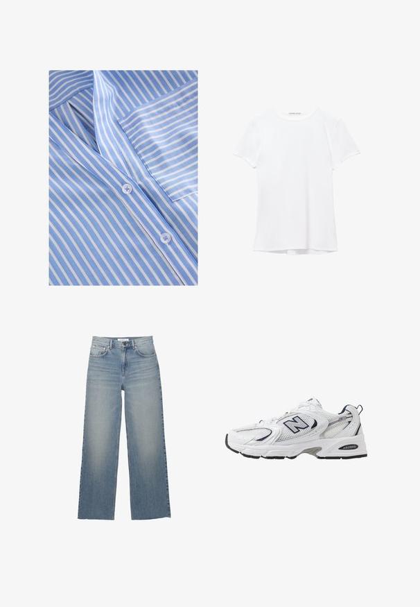 Chemise à rayures bleu clair et blanches, boutonnée à l'avant, avec un col, une poche avant, et un tissu lisse avec des boutons plats.; T-shirt blanc à manches courtes en tissu lisse, avec un col rond et de subtils détails de couture à l'ourlet.; Jeans large en denim bleu clair, dotés d'une taille haute, de poches avant et d'une fermeture à bouton. Texture lisse avec des zones décolorées.; B baskets blanches avec une tige en mesh, des accents bleu marine et une semelle rembourrée. Présente le logo "N", des lacets et un détail texturé sur le côté.