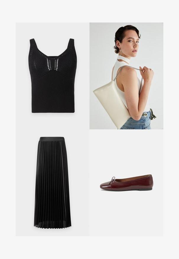 Black knitted tank top featuring a ribbed texture, wide straps, and a scoop neck with decorative open weave patterns at the front.; Pleated black skirt with a smooth waistband, made of lightweight fabric. Features crisp, vertical pleats and a mid-calf length design.; Burgundy patent leather ballet flat with a rounded toe, small bow accent at the front, and a low, black rubber sole. Smooth texture.; White rectangular clutch bag made of glossy material, featuring a silver chain strap. Model poses, showcasing the bag against a plain background.