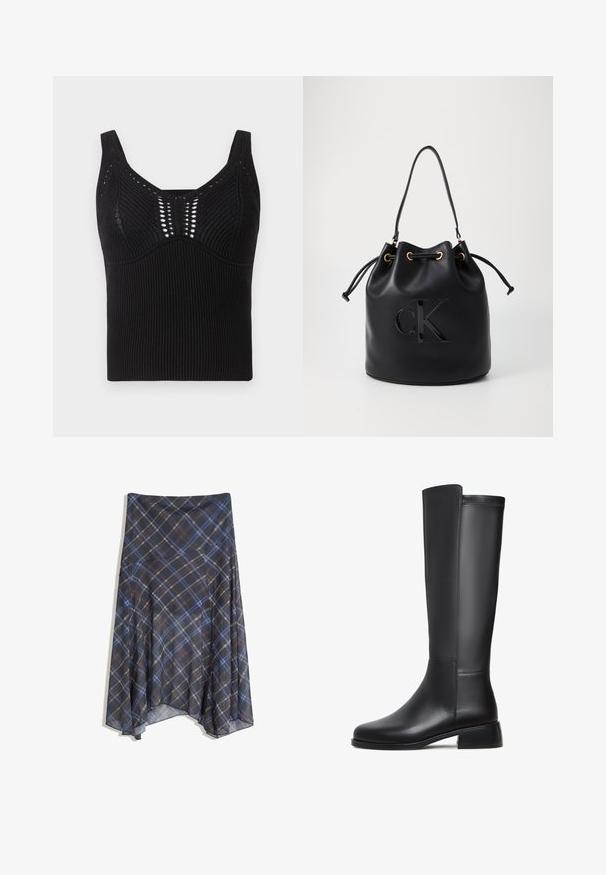 Top de dus cu tricotaj negru, cu textură canelată, bretele late și decolteu cerc cu modele decorative de țesătură deschisă în partea din față.; Fustă în carouri negre cu linii albastre și maro, cu un design fluid, de lungime medie, realizată dintr-un material ușor cu o textură netedă.; Cizma de piele neagră, până la genunchi, cu o textură netedă, vârf rotund, toc mic și detalii subtile de cusătură pe lateral.; Geantă bucket din piele neagră, cu închidere cu șnur, având un logo lucios "CK" pe față și accente din metal auriu.