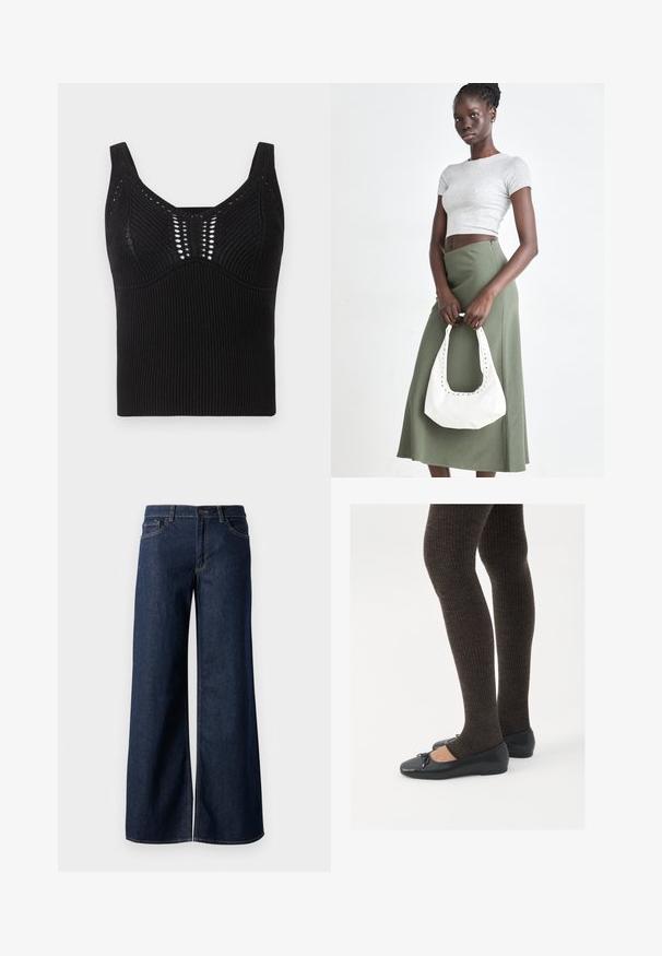 Fekete kötött ujjatlan póló, bordás textúrával, széles pántokkal és lekerekített nyakkivágással, az elején díszes nyitott szövési mintákkal.; Sötét kék farmer széles lábú nadrág. Kontrasztos varrással, öt zsebhálóval és gombos derékzárással rendelkezik. Simás textúra.; Fekete lapos cipők kis masni díszítéssel az orrán, sötétbarna bordázott harisnyával párosítva. A cipők sima textúrával és alacsony profilúak.; Szürke bordázott cropped top és olajzöld, magas derékú szoknya. A modellen egy fehér válltáska van, amely kivágott részletekkel rendelkezik. Egyszerű dizájn, testhezálló sziluett.