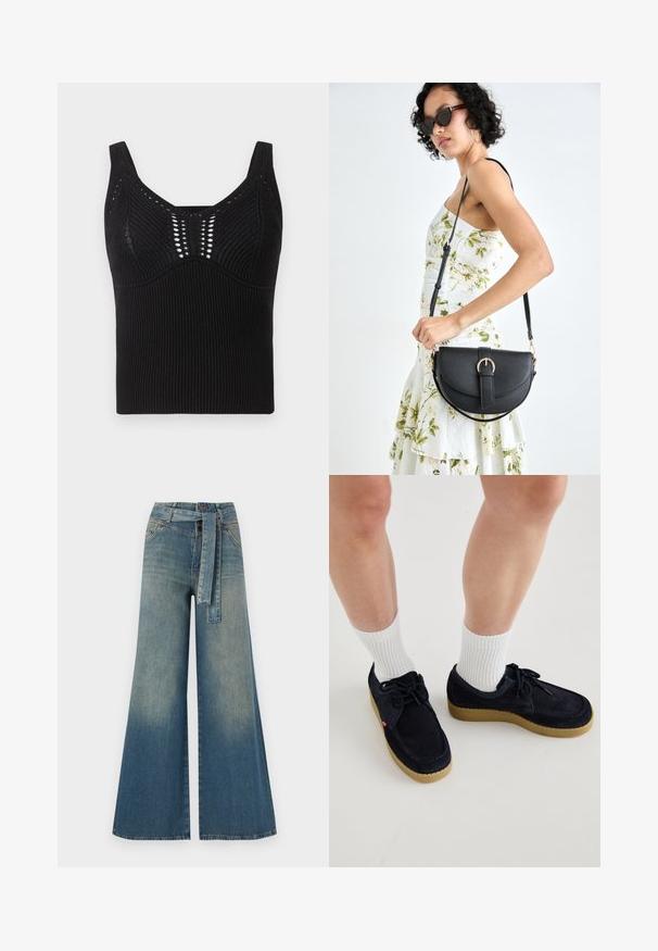 Juodas megztas be rankovių marškinėlis su raižytu raštu, plačiomis petnešomis ir apvaliu kaklu, priekyje papuoštas dekoratyvine atvira audimo struktūra.; Platus džinsinis kelnes su šviesiai tamsiai mėlynu gradientu, aukštu juosmeniu, diržo kilpomis ir atitinkančiu audinio diržu. Textūruotas džinsinis paviršius.; Tamsiai mėlynos zomšinės bateliai su apvalia nosimi, su raišteliais ir kreminės spalvos guminiu padu. Suderinti su baltais dryžuotais kojinėmis.; Juodas odinis krepšys su išlenkta forma, nuimamu dirželiu ir auksiniais detalėmis. Krepšys turi kilpą su sagtimi.