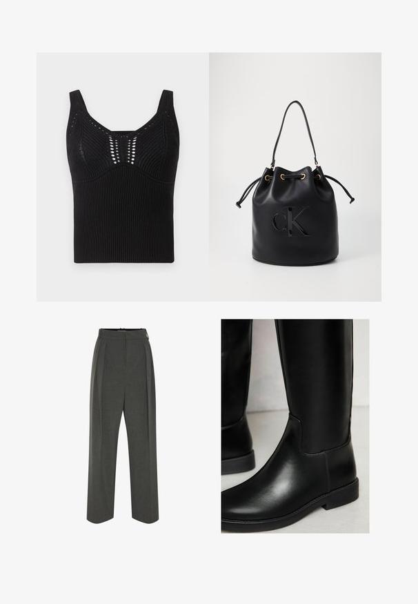 Melnā adītā topiņš ar ribotu faktūru, platām siksnām un apaļu kakla izgriezumu, ar dekoratīvām atvērtām austajām dūrēm priekšpusē.; Pelēkas platām kāju bikses no teksturēta auduma ar augstu vidukli un priekšējām krokām. Dizainā ietilpst gluds vidukļa jostas un nav redzamu aizdares elementu.; Melnas ādas ceļa augstuma zābaki ar gludu tekstūru, apaļu purngalu, minimālu šuvju skaitu un zemu blokveida papēdi. Iespējots elegants, pieguļošs dizains.; Melna ādas spainīša soma ar aukliņu aizdari, kas priekšpusē izvietota ar spīdīgu "CK" logotipu un zelta toņa detaļām.