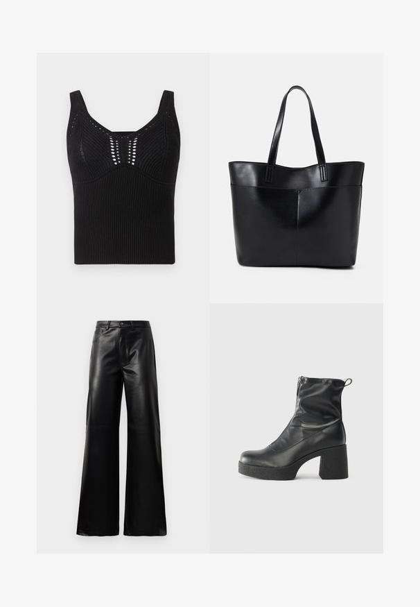 Czarna dzianinowa bluzka na ramiączkach charakteryzująca się żebrowaną teksturą, szerokimi ramiączkami oraz okrągłym dekoltem, z dekoracyjnymi otwartymi wzorami na przodzie.; Czarne, wysokie na talii, szerokie spodnie z sztucznej skóry z guzikami z przodu, zapięciem na zamek, szlufkami na pasek i bocznymi kieszeniami na białym tle.; Czarne botki za kostkę wykonane z gładkiej skóry, wyposażone w boczny zamek błyskawiczny, masywny teksturowany obcas oraz zaokrąglony czubek.; Czarna skórzana torba na ramię z dwoma długimi uchwytami, gładką teksturą i sztywną formą. Posiada przednią kieszeń dla dodatkowego przechowywania.