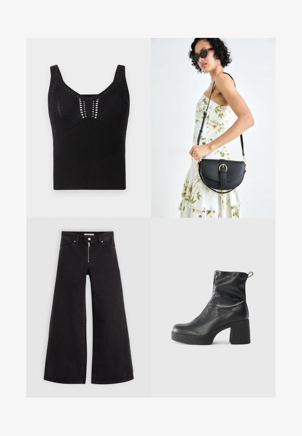 Juodas megztas be rankovių marškinėlis su raižytu raštu, plačiomis petnešomis ir apvaliu kaklu, priekyje papuoštas dekoratyvine atvira audimo struktūra.; Plačios kojų džinsai iš juodo džinsinio audinio su užtrauktuku priekyje, penkių kišenių dizainu ir subtiliais siuvinėjimo akcentais. Lygus paviršius ir laisvalaikio stilius.; Juodos kulkšninių botai, pagaminti iš lygaus odos, su šoniniu užtrauktuku, masyviu tekstūruotu kulnu ir apvaliu pirštu.; Juodas odinis krepšys su išlenkta forma, nuimamu dirželiu ir auksiniais detalėmis. Krepšys turi kilpą su sagtimi.