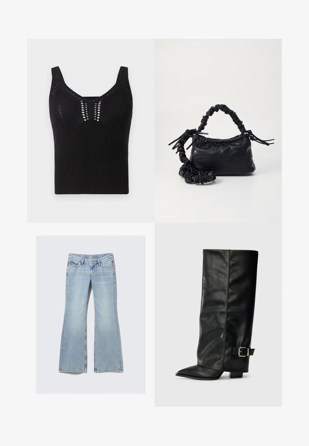 Svart strikket tank topp med ribbet tekstur, brede stropper og rund hals med dekorative åpenvevde mønstre foran.; Weekday NOVA - Jeans slim fit - lip blue; Svarte lær ankelstøvler med spiss tå, glatt tekstur og en sølvspenne aksent på siden. Kraftig firkantet hæl.; Svart faux skinn-håndveske med krokodilletekstur, strammet topp og en rynket stropp. Ser myk og kompakt ut i designen.
