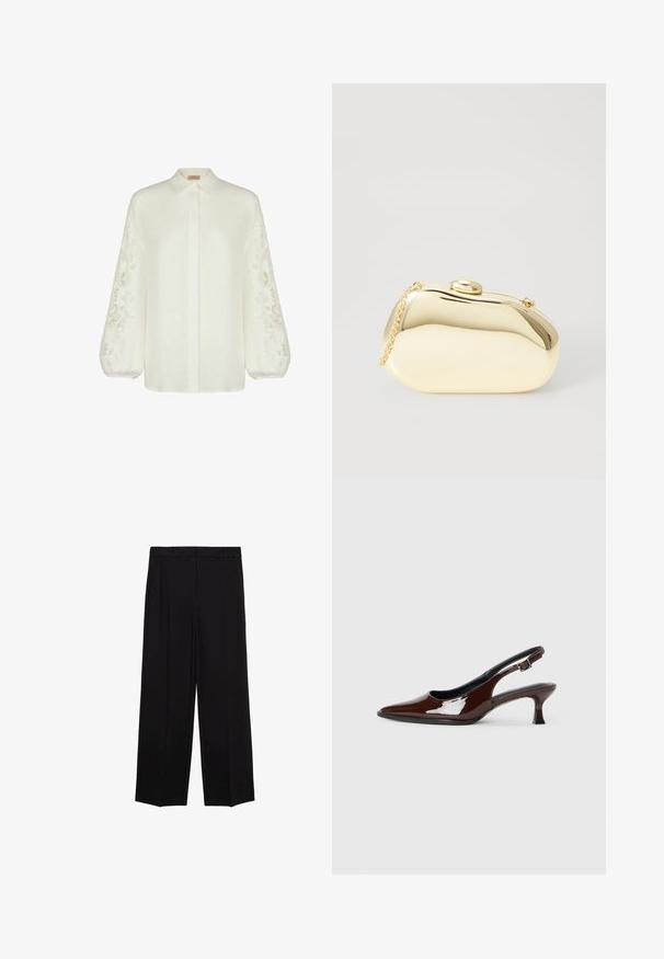 Weiße Leinenbluse mit langen, puffigen Ärmeln und aufwendiger Blumenstickerei. Mit Kragen, Knöpfen vorne und lockerem Schnitt.; Schwarze weit geschnittene Hosen aus glattem Stoff, mit Falten an der Vorderseite und seitlichen Taschen, entworfen in einem geraden, lässigen Schnitt.; Braune Lackleder-Slingback-Schuhe mit spitzer Zehe und moderatem Absatz. Mit einem Schnallenriemen für einen sicheren Sitz. Glatte Textur.; Metallisch goldene Clutch mit einer glatten, abgerundeten Form, ausgestattet mit einem oberen Druckknopfverschluss und einem kleinen Kettenriemen zum Tragen.