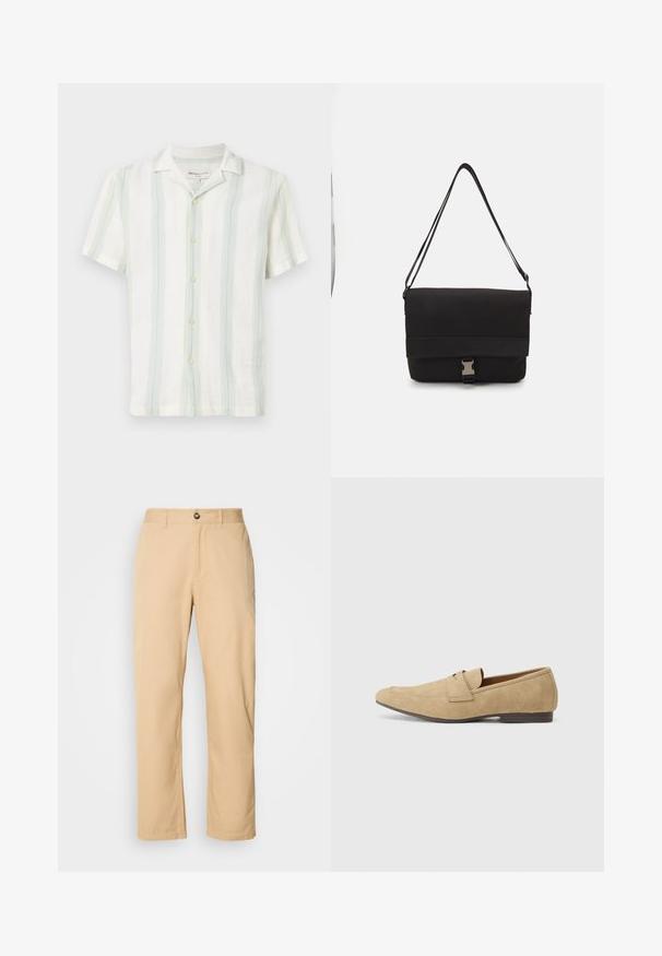 Rövid ujjú, galléros ing fehér színben, világoszöld és kék függőleges csíkokkal. Texturált anyag, elöl gombokkal és standard szegéllyel.; Kaki színű pamut nadrág egyenes szabású, elöl gombos záródással és övhurkokkal. Sima textúrájú, egyszínű felület.; Beige velúr lofu, enyhe fényes felülettel, lekerekített orral, slip-on kialakítással és alacsony barna sarkakkal. Diszkrét varrási részletek.; Fekete üzenetküldő táska sima anyagból, hajtókás fedéllel, ezüst csattal és állítható vállpánttal.; Fehér gyöngy nyaklánc, egységes kerek alakú, sima felületű, fémből készült kapoccsal, állítható hosszúságú meghosszabbító lánccal.