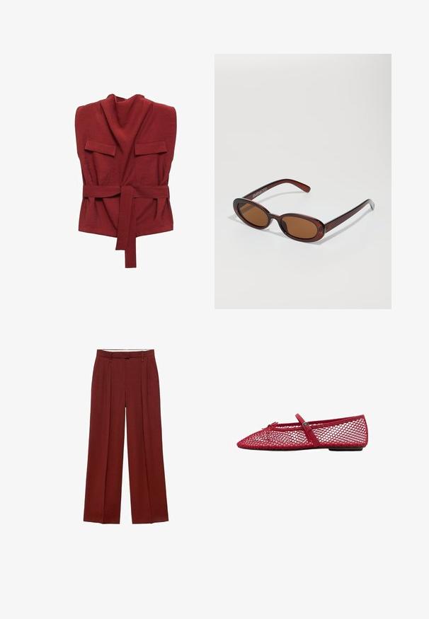 Top avvolgente rosso realizzato in tessuto morbido, con collo alto, due tasche anteriori, una cintura e un design a vestibilità ampia.; Pantaloni a gamba larga di un profondo colore rosso, con vita alta, pieghe davanti e un tessuto liscio e testurizzato.; Ballerine in rete rossa con punta affusolata, dotate di una sottile cinghia e dettaglio a fibbia. La parte superiore presenta un motivo aperto a nido d'ape.; Occhiali da sole rotondi con tonalità marrone, montatura lucida color bordeaux. Aste sottili con un sottile dettaglio del marchio. Design delle lenti piatte.