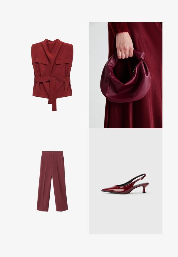 Top envolvente rojo hecho de una tela suave, con cuello alto, dos bolsillos frontales, un cinturón y un diseño holgado.; Pantalones de pierna ancha color burdeos con una textura suave, que cuentan con bolsillos laterales y un diseño de cintura alta. Con un pliegue frontal limpio.; Zapatos de tacón slingback de charol burdeos con puntera afilada y elegante tacón de aguja. Diseño de espalda abierta con detalle de tira ajustable en el tobillo.; Bolso de cuero burdeos con un diseño suave y recogido y una forma redondeada. La asa está asegurada, mostrando una textura lisa.