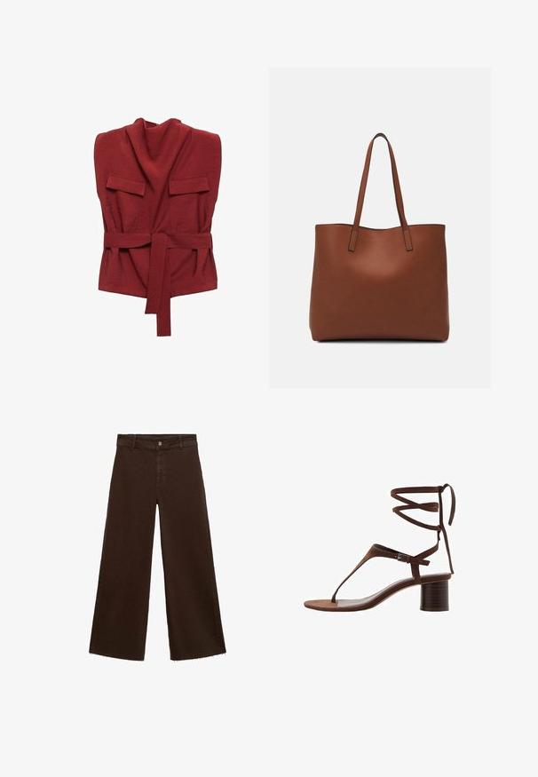 Top envolvente rojo hecho de una tela suave, con cuello alto, dos bolsillos frontales, un cinturón y un diseño holgado.; Pantalones de pierna ancha marrones en una mezcla de algodón, con un dobladillo deshilachado, cierre frontal de botón y diseño clásico de cinco bolsillos. Minimalistas y versátiles.; Sandalía de tacón alto de ante marrón con una tira triangular en la punta, lazos en el tobillo y un tacón bloque texturizado para mayor estabilidad.; Bolso tote de cuero marrón con una textura suave, diseño de apertura superior y dos correas para el hombro. Presenta una costura mínima y sin herrajes visibles.