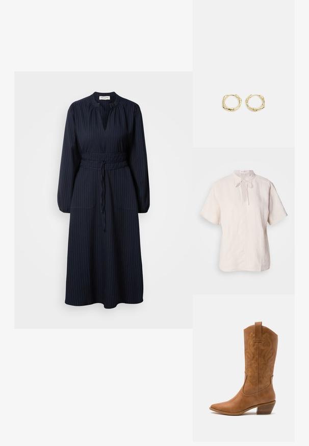 Lagana bluzica od lana u svijetloj bež boji, s okruglim ovratnikom sa vezanjem, kratkim rukavima i ravnim rubom s suptilnom teksturom.; Mornarskoplava haljina s vertikalnim prugama, dugim rukavima, nabranim izrezom i strukom s pojasom. Ima dva prednja džepa.; Smeđe kožne kaubojke s oštrim nosom, izvezenim spiralnim uzorcima na gornjem dijelu i blok petom. Imaju potporu za lakše obuvanje.; Crna kožna torba s velikim otvorom na vrhu i jednom naramenicom. Mekani tekstura, minimalistički dizajn, s diskretnim metalnim detaljima.; Zlatne okrugle naušnice s teksturiranim, nepravilnim oblikom. Imaju nevidljivo zatvaranje i polirani završni sloj, što naglašava moderan dizajn.