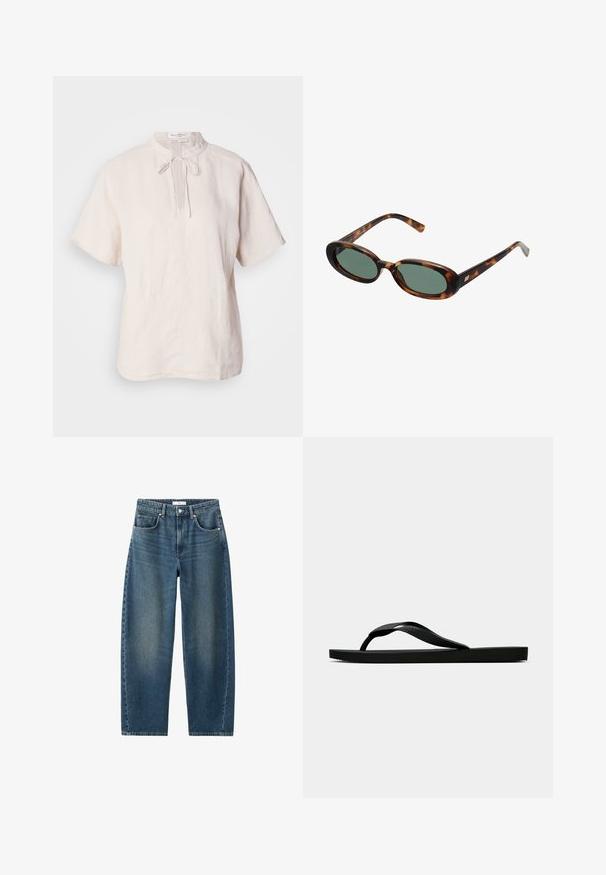 Lanena bluzica v svetlo bež barvi, z okroglim ovratnikom in zavezovanjem, kratkimi rokavi in ravnim robom z nevsiljivo teksturo.; Temno modri denim kavbojki s ravnimi hlačnicami, pet žepi in klasičnim gumbom za zapiranje. Mehka tekstura z rahlo zbledelostjo.; Črne gumijaste japonke s teksturirano thong naramnico in preprostim ravnim podplatom, prikazane s strani na enobarvni svetli podlagi.; Žirafne sončna očala z ovalnimi okvirji in zelenimi lečami. Imajo tanke ročice z metalnim poudarkom blizu tečajev.; Tkana rumena torba z ukrivljenim ročajem in neurejeno obliko. Teksture površine odlikuje križast vzorec po celotni torbi.