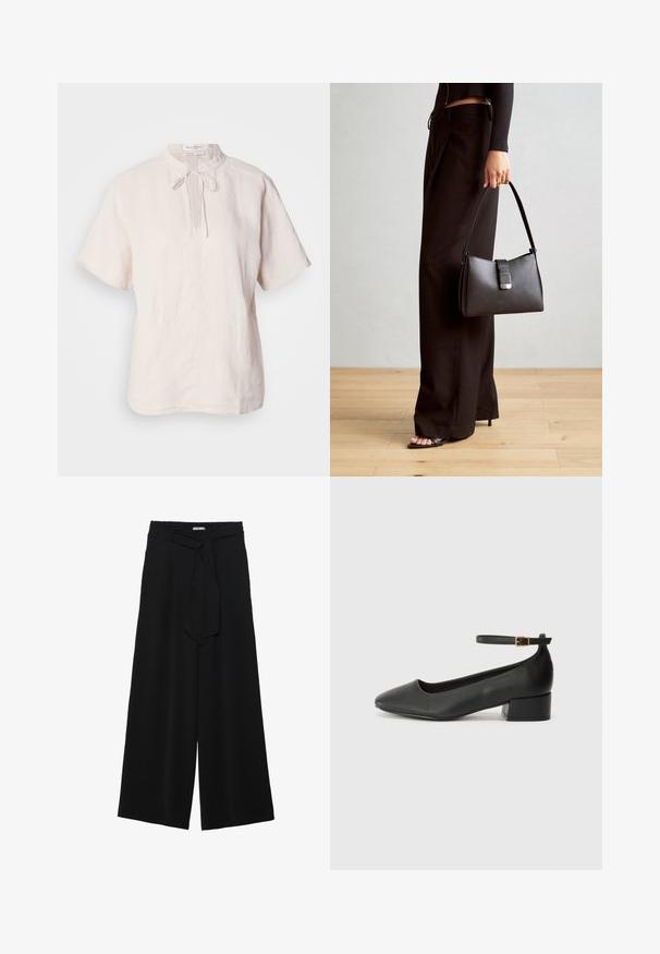 Blusa in lino beige chiaro, con colletto rotondo e chiusura a cravatta, maniche corte e orlo dritto con una sottile texture.; Pantaloni neri a gamba larga caratterizzati da un tessuto testurizzato, una vita elastica e una cintura staccabile per una vestibilità regolabile.; Pump in pelle nera con punta affusolata e tacco basso a blocco. Presenta una cinghia alla caviglia con una fibbia in tonalità oro. Texture liscia.; Borsa nera con forma strutturata, texture liscia e una chiusura metallica. Abbinata a pantaloni neri larghi e sandali open-toe su un pavimento in legno.