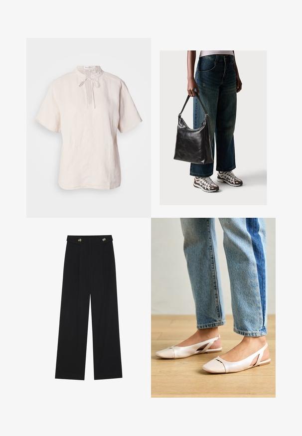 Linu blūze gaiši bežā krāsā, ar apaļu apkakli un saitēm, īsām piedurknēm un taisnu apakšmali ar smalku struktūru.; Melnas platās bikses ar augstu jostasvietu, pogu detaļām uz jostas un priekšējām krokām.; Bālti rozā siksniņu dzīvokļi ar smailu purngalu, izgatavoti no gludas ādas līdzīgās materiāla. Iezīmē izgriezumu detaļas sānos un platu papēdi.; Melna ādas pleca soma ar gludu tekstūru un regulējamu siksnu, saskaņota ar izbalējušām platām biksēm un sportiskām kedām.