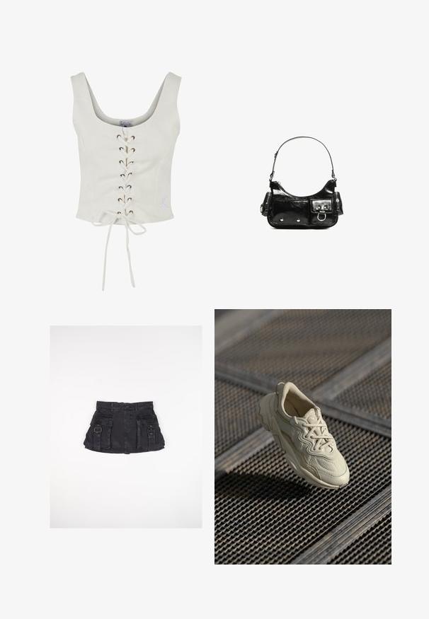 Bílý zkrácený top s širokými ramínky, šněrováním vpředu s hnědými očky a zavazováním v pase. Měkký materiál s minimalistickým designem.; Černá denimová mini sukně se dvěma předními kapsami, bočními sponami a přiléhavým pasem. Vyznačuje se hladkou texturou a rovním lemem.; Beige teniska s texturovanou tkaninou, kontrastními hladkými akcenty, zaoblenou podrážkou a tkaničkami, zavěšena nad mřížkovaným povrchem.; Černá lakovaná kožená kabelka s křivkovým tvarem, jedním ramenním popruhem, předními kapsami a stříbrnými kovovými detaily.