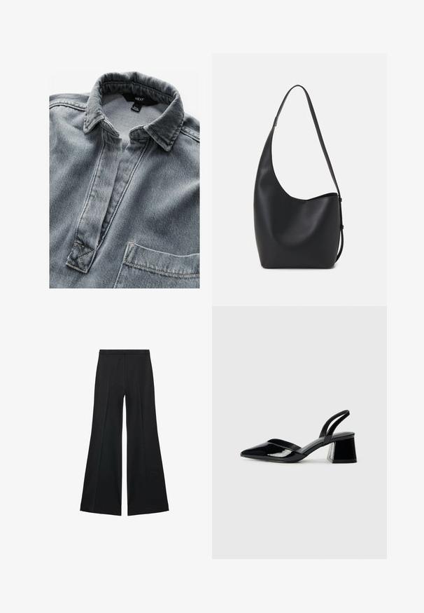 Harmaa farkkupaita ilman nappeja, terävällä kauluksella ja yhdellä rintataskulla. Sisältää näkyvän ompelun ja tekstuuripinnoitteen.; Mustat leveälahkeiset housut, joissa on sileä pinta, etupuolella laskokset ja muotolaskettu malli. Kangas on kevyttä ja laskeutuvaa.; Mustat patentoitu nahkakengät, joissa on säären takaosa ja terävä kärki, sekä geometrinen palikkakorko. Sisältää tyylikkään, minimalistisen muotoilun ja sileän pinnan.; Musta nahkainen hobo-laukku, jossa on sileä pinta, kaareva muoto ja yksi säädettävä olkahihna; sisäänkäynti on leveä ylhäältä.
