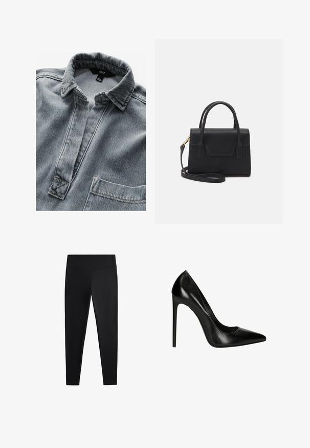 Chemise en denim gris avec une patte de boutonnage sans boutons, un col pointu et une poche poitrine simple. Présente des coutures visibles et un tissu texturé.; Leggings noirs en tissu lisse et extensible. Dotés d'une taille large et d'un design de jambe fuselée, adaptés pour une utilisation active ou décontractée.; Pompe à talon aiguille en cuir noir avec un bout pointu et une texture lisse. Présente une silhouette élégante et un talon aiguille.; Sac à main structuré noir en cuir avec une poignée supérieure, une bandoulière détachable et un détail à rabat à l'avant. Accents en matériel doré.