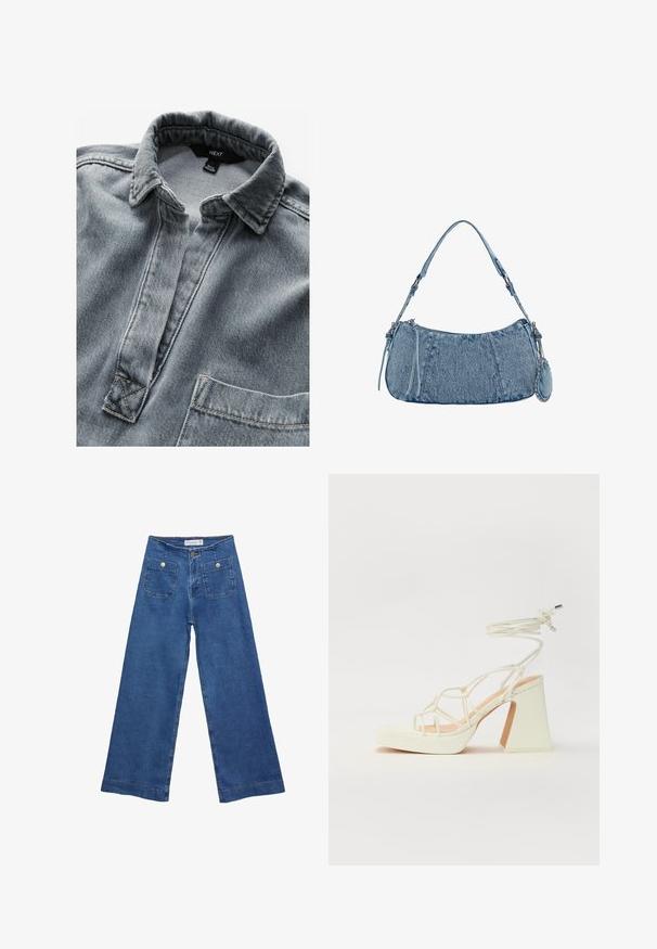 Chemise en denim gris avec une patte de boutonnage sans boutons, un col pointu et une poche poitrine simple. Présente des coutures visibles et un tissu texturé.; Jeans en denim à jambes larges avec un délavage bleu moyen, deux poches avant avec fermetures à bouton, et des détails cousus le long des ourlets.; Sandale blanche à talons hauts avec un talon épais, présentant un design à lanières et un lien autour de la cheville. Texture lisse avec une plateforme à l'avant pour une hauteur supplémentaire.; Sac en denim de forme incurvée, couleur bleu clair, avec une bandoulière réglable et une petite pochette détachable avec des accents métalliques.
