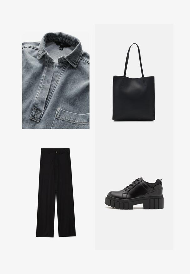 Pilkas džinsinis marškinis be mygtukų, su smailiomis apykaklėmis ir viena krūtine kišene. Yra matoma siuvinėjimo detalė ir tekstūruota medžiaga.; Plati juodos kelnės, pagamintos iš lygaus audinio, su priekinėmis kišenėmis ir mygtuko užsegimu liemenyje. Minimalistinis dizainas be raštų.; Juodi odiniai platformos batai su masyviu blokuota kulniuku, apvalia nosimi ir tradiciniu šnypštimo dizainu. Turintys glotnų paviršių ir minimalų dekoravimą.; Juodas odinis tote krepšys su lygia tekstūra, stačiakampio formos ir dviem ilgais rankenomis. Matomų metalinių detalių ar puošybos nėra.