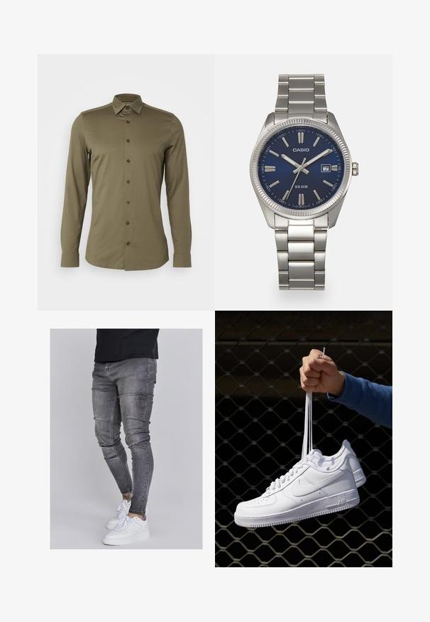 OLYMP No. Six Overhemd - olive; Skinny jeans in vervaagd grijs denim, met versleten details op de knieën, gecombineerd met witte sneakers. Gladde textuur, slank model.; Witte leren sneakers met perforaties, ronde neus, vlakke zool en dikke veters, met een zichtbare swoosh-logo en "AIR" op de hiel.; Zilveren roestvrijstalen horloge met een marineblauwe wijzerplaat, metalen uurmarkeringen en een datumnis op 3 uur. Waterbestendig tot 50 meter.