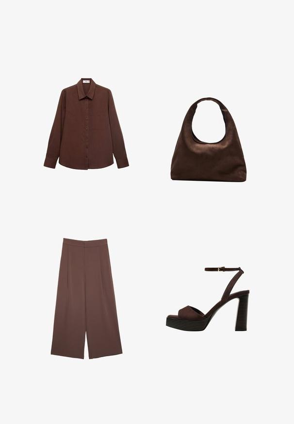 Camicia a maniche lunghe marrone con colletto appuntito, bottoni frontali, tasca sul petto e una finitura in tessuto textured.; Pantaloni ampi marroni con una texture liscia, caratterizzati da una vita alta e pieghe frontali. Il tessuto è leggero e scorre liberamente.; Sandal in camoscio marrone con tacco alto, punta aperta, cinturino alla caviglia regolabile e suola a piattaforma striata.; Borsa hobo di un morbido marrone con una sola tracolla larga e un'apertura a manico curvo, esposta su uno sfondo bianco.