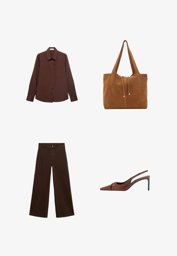 Braunes Langarmhemd mit spitzem Kragen, Knopfleiste vorne, Brusttasche und einer strukturierten Stoffoberfläche.; Braune, weit geschnittene Hosen aus Baumwollmischung mit fransigem Saum, vorderem Knopfverschluss und klassischem Fünf-Taschen-Design. Minimalistisch und vielseitig.; Braune Leder Slingback-Pumps mit spitzer Zehe, Ausschnittdetail am Vorderblatt und elegantem Stiletto-Absatz. Glatte Textur.; Braune Wildleder-Tasche mit zwei langen Trägern, Zugverschluss und minimalistischem Design. Glatte Textur und keine sichtbaren Hardware-Details.