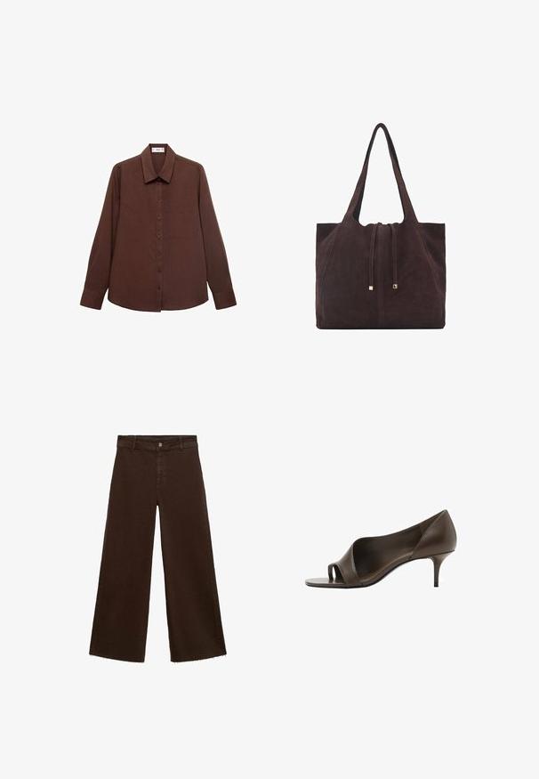 Brown long-sleeve shirt with a pointed collar, front buttons, chest pocket, and a textured fabric finish.; Brown wide-leg trousers in cotton blend, featuring a frayed hem, front button closure, and classic five-pocket design. Minimalistic and versatile.; Brown leather open-toe high-heeled shoe with a smooth texture and a slim stiletto heel. Features a cut-out design and minimalistic shape.; Mango Tote bag - dark brown