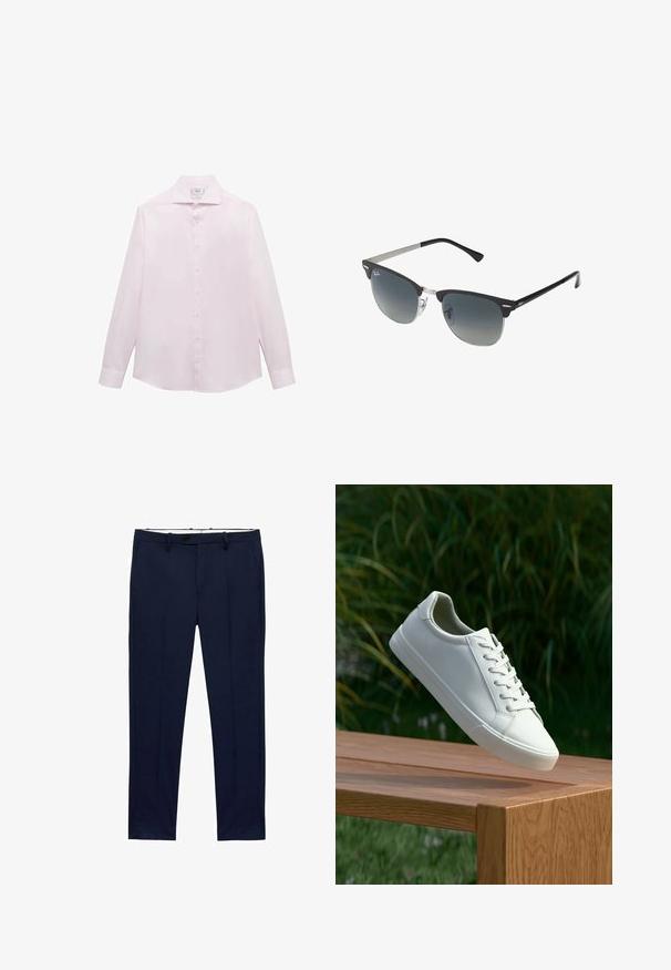 Camicia a maniche lunghe rosa con colletto classico, sette bottoni bianchi lungo il davanti e orlo curvato. Tessuto morbido e leggero.; T-shirt bianchi a maniche corte impilati, realizzati in cotone. Presentano un collo rotondo e un taglio dritto. Il tessuto appare liscio senza pattern.; Pantaloni blu navy con vestibilità slim e motivo a righe sottili. Presentano una chiusura con zip, passanti per cintura e tasche frontali. Tessuto dalla texture liscia.; Sneaker bianco con lacci sospeso sopra una panchina di legno, con fogliame verde sullo sfondo, che mette in mostra il design e la texture della scarpa.; Occhiali da sole neri e argento con forma a occhio di gatto, lenti sfumate e dettagli metallici sulla montatura. Aste in plastica con punte grigie.