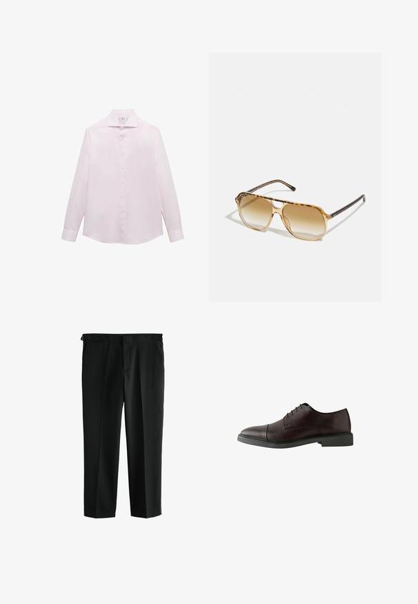 Cămașă roz cu mânecă lungă, cu guler clasic, șapte butoane albe pe față și o margine curbă. Material neted, ușor.; Pantaloni negri cu un design drept, confectionati dintr-un material neted. Include doua buzunare frontale si un tiv cu bucle pentru centura.; Pantofii din piele bordeaux închis, cu șireturi, au un mocasina rotunjit, talpă plată neagră, detalii minime de cusătură și o textură netedă.; Ochelari de soare cu ramă dreptunghiulară din tortoiseshell, lentile degradé maro și brațe negre elegante, cu accente subtile ale logo-ului.