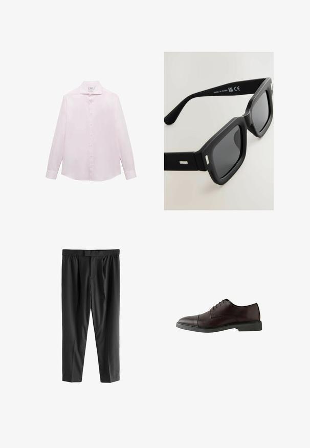 Camicia a maniche lunghe rosa con colletto classico, sette bottoni bianchi lungo il davanti e orlo curvato. Tessuto morbido e leggero.; Next REGULAR FIT -CHECK SMART - Chino - black; Scarpa in pelle bordeaux scuro con lacci, punta arrotondata, suola nera piatta, dettagli di cucitura minimi e texture liscia.; Occhiali da sole neri rettangolari con finitura opaca, lenti scure e dettagli argentati sulle tempie. Presentano un design con montatura spessa e una texture liscia.