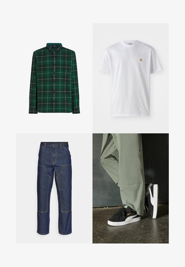 Green plaid button-up shirt featuring a checkered pattern, front pockets, and a collar. Made of fabric with a soft texture.; White cotton t-shirt with short sleeves, crew neck, featuring a small gold logo on the left chest area. Soft texture and regular fit.; Dark blue denim jeans with a high waist, straight leg design, contrasting stitching, and patch pockets on the front.; Black suede sneakers with white rubber soles and side stripes, paired with light green cargo pants, standing on a textured dark surface.