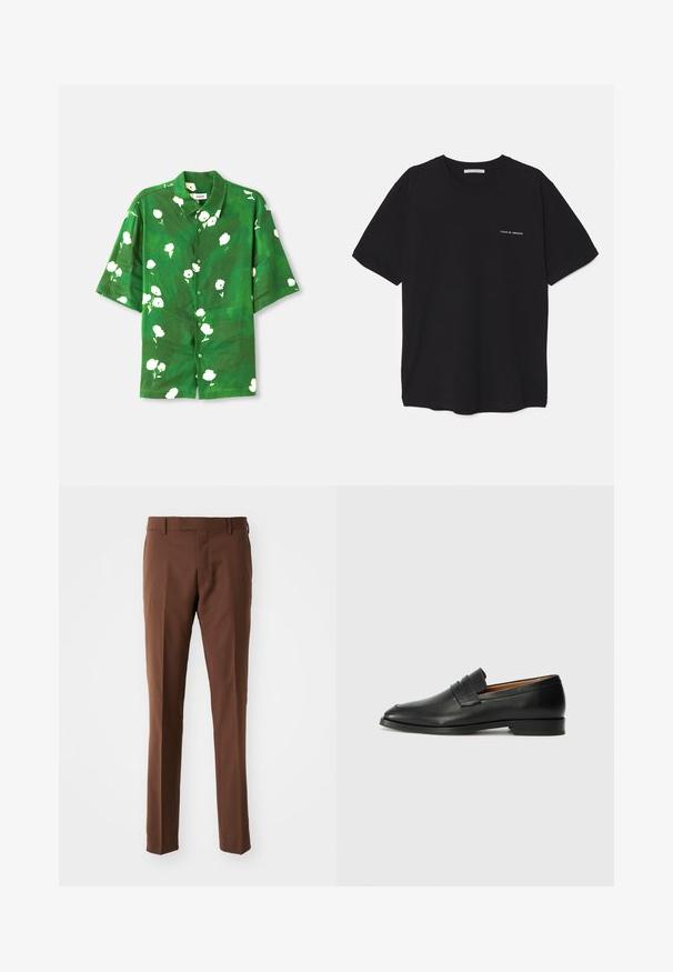 Žalia trumpomis rankovėmis mygtukinė marškinėliai su baltais gėlių raštais, turintys stovyklos apykaklę ir laisvą siluetą. Tekstūruota, lengva medžiaga.; Juoda medvilninė marškinėlė su apykakle, trumpomis rankovėmis ir baltu logotipu kairėje krūtinės pusėje. Paprastas, vientisas spalvų dizainas.; Rudos, pritaikyti kelnės su tiesiu priekiu, tiesiomis blauzdomis, glotnia tekstūra ir diržo kilpomis. Nėra matomų raštų ar detalių.; Juodas odinis loaferis su apvaliu nosiu, subtiliomis siuvimo detalėmis ir žemu kulnu, pasižymintis lygia tekstūra ir minimalistiniu dizainu.