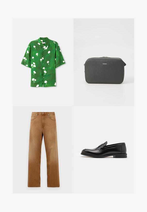 Cămașă cu mâneci scurte, din țesătură verde cu imprimeu floral alb, având guler de tip camp și croială lejeră. Material texturat, ușor.; Jeans largi din denim maro cu talie înaltă, având două buzunare frontale, închidere cu nasture și o textură subtilă. Fără modele sau accente vizibile.; Mocasini din piele neagră cu o textură netedă, vârf rotund și o curea decorativă peste partea superioară. Toc mic, design minimalist.; Geantă crossbody rectangulară neagră, cu textură, dotată cu fermoar dublu argintiu și un mic logo "Sandro" centrat pe partea din față.