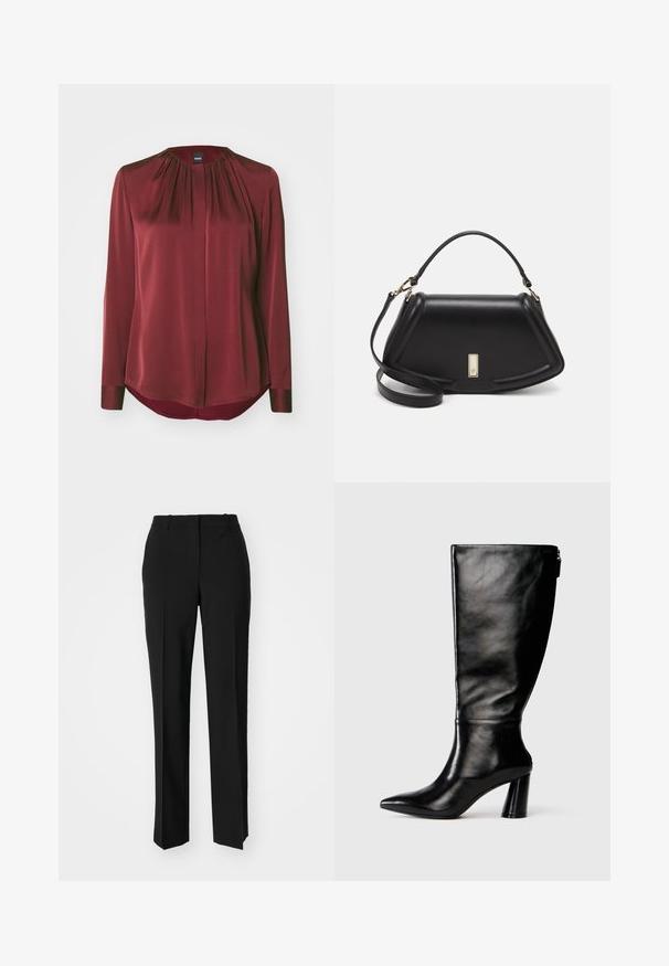 BOSS BANORAH - Gombos blúz - dark red; Fekete, testhezálló nadrág egyenes szárú kivitelben, sima textúrával és éles redőkkel az elején. Nincs látható fémalkatrész.; Térd fölé érő fekete bőr csizma hegyes orral, sima felülettel és vastag sarkal. A hátsó részen cipzár részlet található.; Fekete bőr kézitáska, strukturált dizájnnal, rövidített formával, felső fogantyúval és arany színű kiegészítőkkel. Állítható vállpánt is tartozik hozzá.