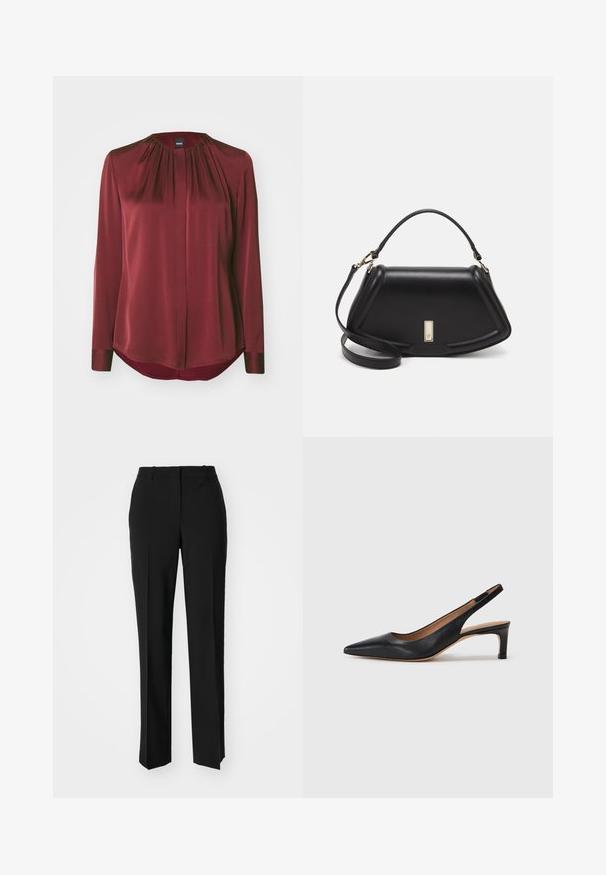 BOSS BANORAH - Nööpidega pluus - dark red; Mustad ja sirged püksid, millel on sile tekstuur ja teravad voldid esiosas. Ilma nähtavate detailideta.; Must musta slingback tüüpi kingad terava nina, madala kontsaga ja sileda pinnaga. Sisaldab õhukest reguleeritavat rihma turvaliseks istumiseks.; Must mustrist käekott, millel on struktureeritud disain, lühendatud kuju, ülemine käepide ja kuldne metallist detail. Reguleeritav õlalihm on kaasas.