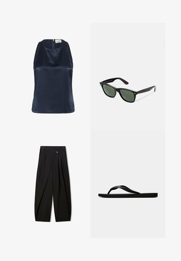 My Essential Wardrobe ESTELLE - Top - after midnight; Two basic tank tops in black and white, made of a smooth, stretch fabric. Features thin straps and a simple, fitted design.; Black wide-leg trousers crafted from smooth fabric, featuring front pleats, a button closure, and a tailored design for a structured silhouette.; Black rubber flip-flop sandal with a textured thong strap and simple flat sole, shown from side on a plain light background.; Black plastic sunglasses with green lenses, square frames, silver accent on the brow, and textured temple arms. Stated brand on inner arm.; Small black glossy leather drawstring pouch with short handles on a light gray background.