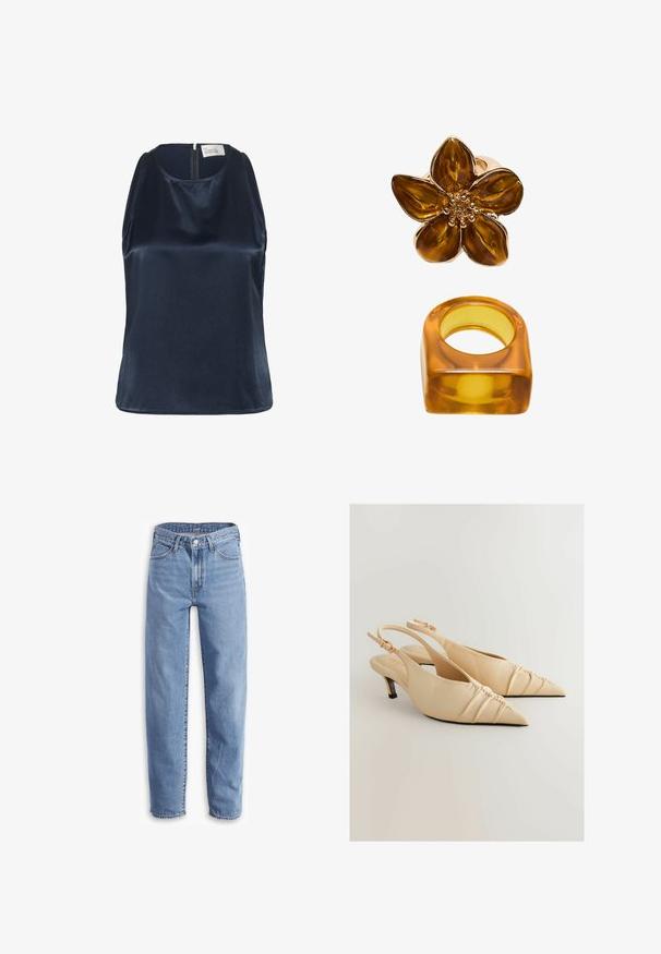 My Essential Wardrobe ESTELLE - Top - after midnight; Braunes, einseitiges Oberteil aus weichem Stoff, mit drapiertem Design, seitlichem Raffung und einem langen Träger, der von der Schulter abläuft.; Helle blaue Jeans aus Denim, mit entspannter Passform, geradem Bein, Fünf-Taschen-Design und ausgefransten Säumen für einen lässigen Look.; Beige Leder-Slingback-Absätze mit spitzem Zehenbereich und gerafftem Texturdetail. Verfügt über einen niedrigen Absatz und einen verstellbaren Knöchelriemen.; Bernsteinfarbener Blumenring mit glänzender Oberfläche und rundem Zentrum, begleitet von einem passenden quadratischen Bernsteinring.