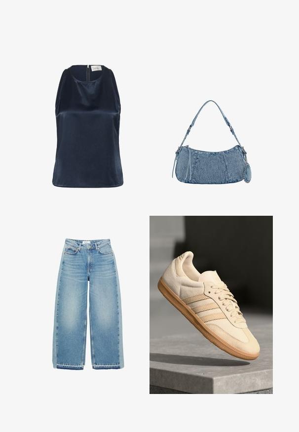 My Essential Wardrobe ESTELLE - Top - after midnight; Svetlomodré rifle s širokými nohavicami vyrobené z denimu, s vysokým pásom, gombíkovým zapínaním, prednými vreckami a surovým zakončením.; Svetlo béžová semišová teniska s gumovou podrážkou, tromi diagonálnymi pruhmi a textúrovaným špičkovým krytom. Obsahuje logo na jazyku a boku.; Džínová kabelka s zakriveným tvarom, svetlomodrej farby, so nastaviteľným popruhom na rameno a malým odnímateľným vreckom s kovovými detailmi.