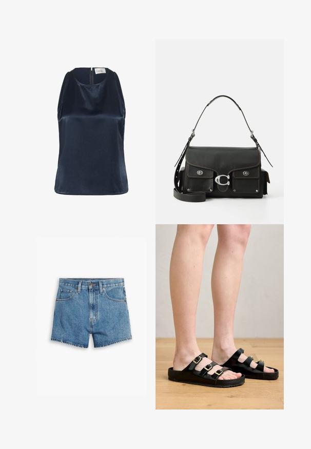 My Essential Wardrobe ESTELLE - Top - after midnight; Denim shorts in light blue, featuring five pockets, a zip fly, and a button closure. The hem is frayed with a relaxed fit design.; Black sandals made of smooth material, featuring three adjustable straps with gold buckles and a flat sole with textured grip.; Black leather handbag with a flap closure, silver hardware, two front pockets, contrasting stitching, and a detachable shoulder strap.