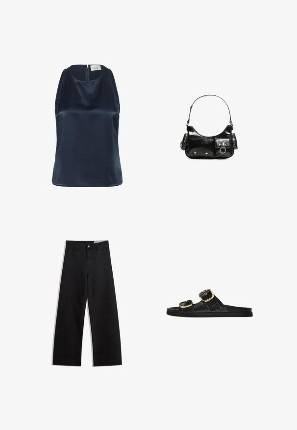 My Essential Wardrobe - Top; Czarne dżinsowe spodnie o szerokich nogawkach i wysokim stanie, z przednimi i tylnymi kieszeniami, przeszyciami oraz zapięciem na guziki. Gładka struktura.; Czarne klapki z dwoma złotymi klamrami, gładki materiał, płaska podeszwa i minimalistyczny design.; Czarna torebka z lakierowanej skóry o zaokrąglonym kształcie, z jednym paskiem na ramię, przednimi kieszeniami i akcentami w kolorze srebrnym.