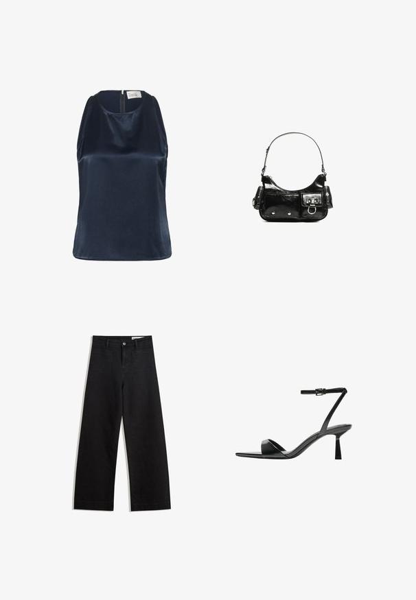 My Essential Wardrobe ESTELLE - Top - after midnight; Sorte wide-leg denim bukser med høj talje, der har front- og baglommer, syede sømme og en knaplukning. Glat tekstur.; Bershka Højhælede sandaletter / Højhælede sandaler - black; Sort patenteret læder håndtaske med en buet form, en skulderrem, frontlommer og hardware accenter i sølvfarve.