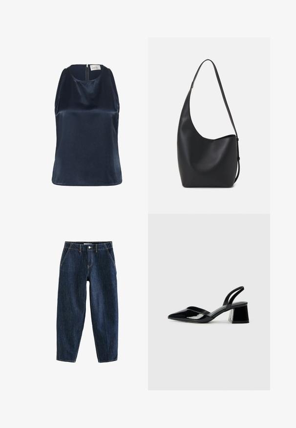 My Essential Wardrobe ESTELLE - Top - after midnight; Donkerblauwe denim broek met een losse pasvorm, voorzien van vijf zakken, riemlussen en contrasterende gele stiksels. Schoon, textuurachtig stof.; Zwarte gepatineerde leren slingback hakken met een spitse neus en een geometrische blokhak. Kenmerkt zich door een slank, minimalistisch ontwerp en een gladde textuur.; Zwarte leren hobo tas met een gladde textuur, kromme vorm en een enkele verstelbare schouderband; heeft een brede opening aan de bovenkant.