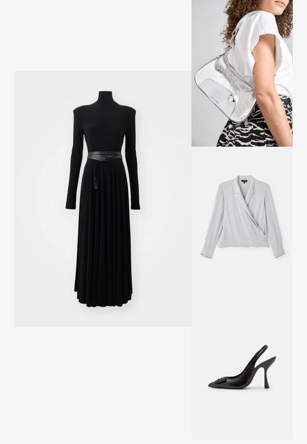 Theory LAPEL WRAP - Blouse - platinum; Norma Kamali SHOULDER PAD TURTLE FLARED DRESS TO MIDCALF - Robe en jersey - black; Chaussure slingback en cuir noir avec un bout pointu, un talon haut fin et un accent de nœud décoratif. Texture lisse et design élégant.; Sac à épaule en métal argenté avec une texture lisse, un design incurvé, une bandoulière en chaîne et un panneau avant poli présentant une gravure discrète du logo.