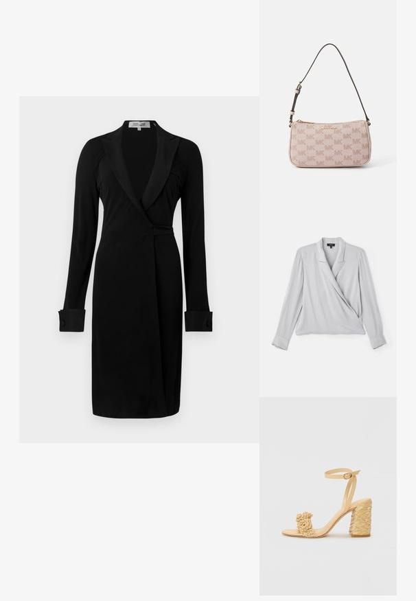 Theory LAPEL WRAP - Blouse - platinum; Robe portefeuille noire à manches longues, col châle et poignets à boutons. Confectionnée dans un tissu lisse, elle présente une silhouette ajustée et un design épuré.; Sandale à talons hauts beige avec une texture tressée, ornée d'une fleur décorative et d'une bride à la cheville. Le talon carré ajoute de la stabilité.; Sac bandoulière rose clair avec un tissu texturé arborant un motif intégral du logo MK, une fermeture éclair dorée et une sangle ajustable marron foncé.