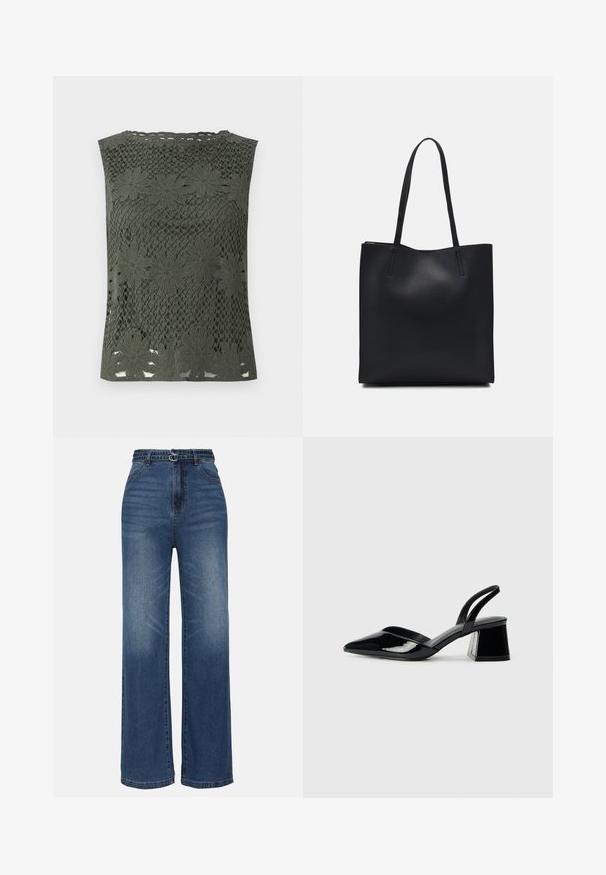 Top verde sem mangas feito de renda, com padrões florais e decote em forma de onda. Texturizado com intrincados detalhes em trabalho aberto.; Jeans de ganga azul de perna larga com uma cintura alta, apresentando dois detalhes de fivela em metal, desbotamento subtil e design padrão de cinco bolsos.; Sandy em verniz preto com salto slingback, ponta afilada e salto geométrico. Apresenta um design elegante e minimalista com textura suave.; Bolsa tote preta em couro com textura lisa, forma retangular e duas alças longas. Sem hardware ou enfeites visíveis.