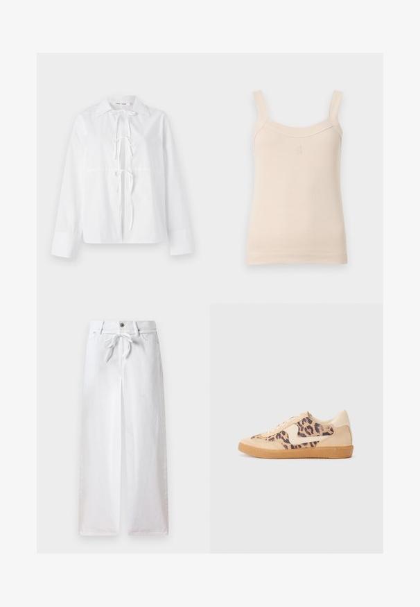 White long-sleeve shirt made of smooth fabric features a button-down collar, front tie closure, and cuffed sleeves. Simple and clean design.; Beige ribbed tank top with thin straps and a rounded neckline. Features a stitched logo on the front. Smooth texture, fitted design.; White wide-leg pants made of cotton. Features a drawstring tie at the waist and a button closure. Smooth texture with a minimalist design.; Leopard print sneakers with beige suede upper, tan rubber sole, and white accents. Round toe and lace-up design with a textured finish.